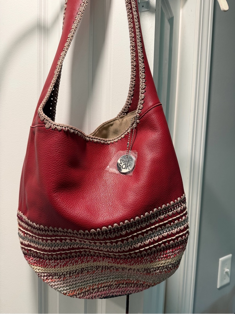 The Sak Red Leather Hobo with Woven Multicolor Base - Picture 2 of 2